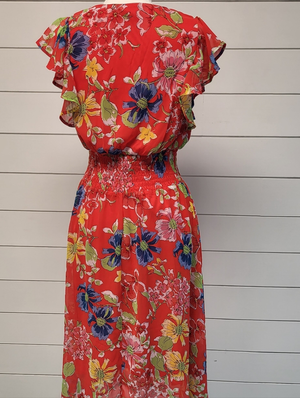 Jessica Simpson Red Floral Midi Dress with Yellow, Blue & Green Accents - Picture 4 of 12